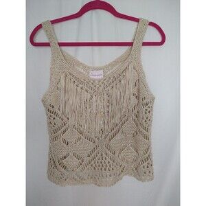 NWT Honey & Sparkle Crochet Tank Top Sz M Beige Tan Hippie Festival Fringe Boho